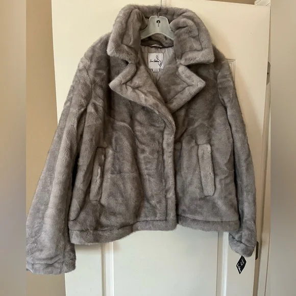 New! Sam Edelman Notched Lapel Women's Gray Faux Fur Coat Size XL - Picture 14 of 15